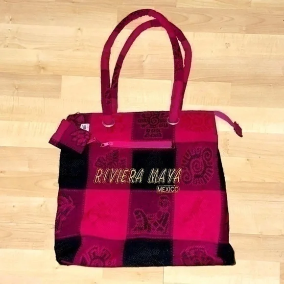 NWT Riviera Maya Mexico tote bag purse with small coin purse in pink and black - Picture 2 of 10